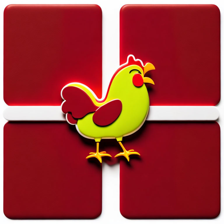 Stylized Cartoon Chicken in Yellow and Red on Red and White Background