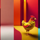 Colorful stylized rooster in surreal room with curvy walls.