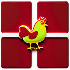 Stylized Cartoon Chicken in Yellow and Red on Red and White Background