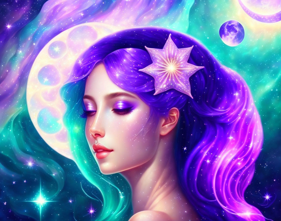 Digital art: Woman with vibrant purple hair and cosmic elements like stars and planets integrated.