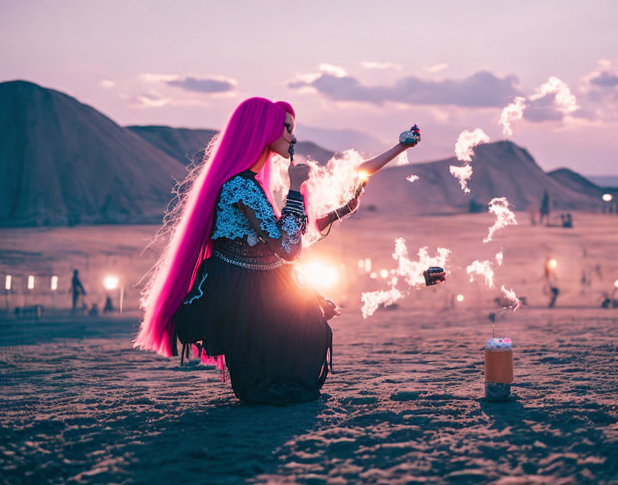 Vibrant person with pink hair breathes fire at dusk among softly lit hills