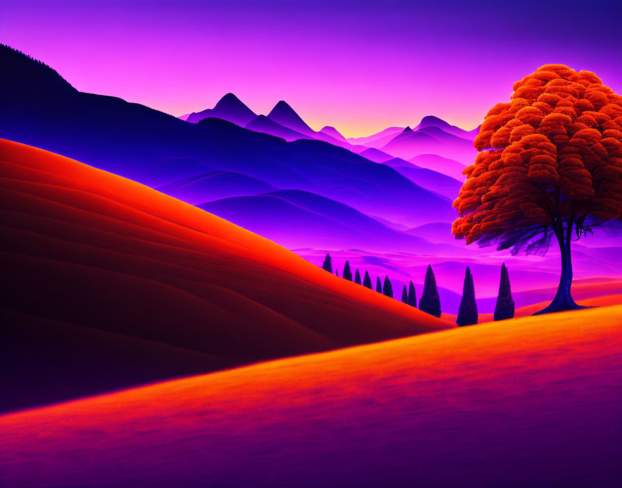 Colorful landscape with purple hills, lone tree with orange leaves, and twilight mountains.