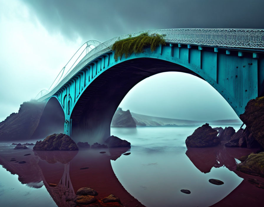 Turquoise bridge over calm water with misty rocks and intricate details.