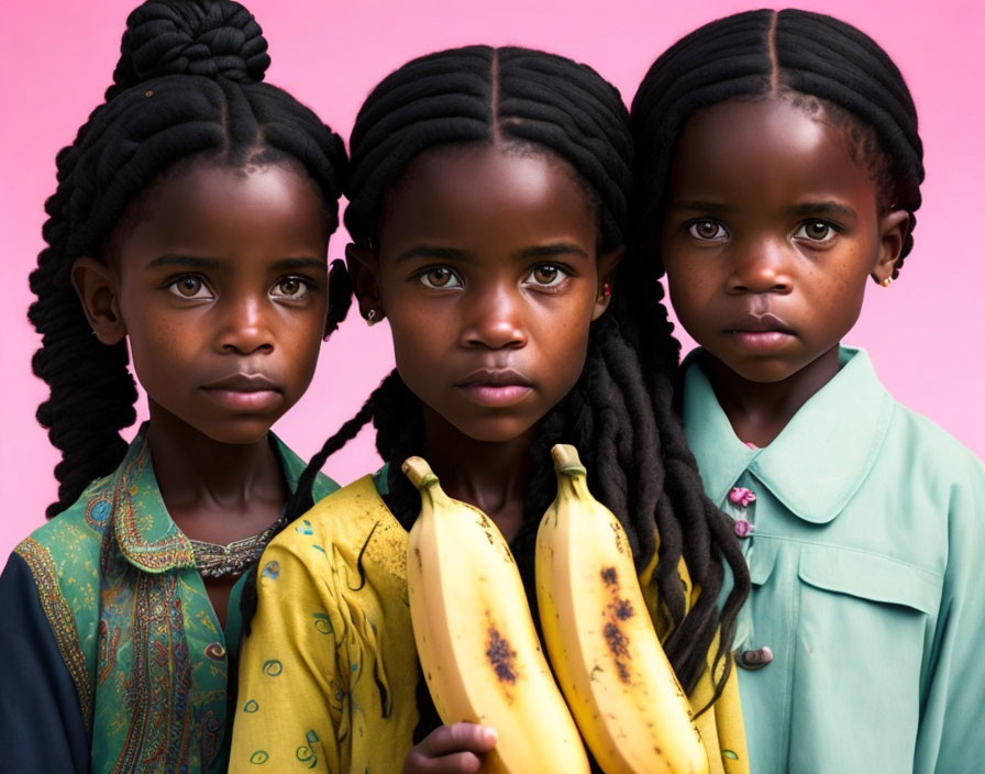 Three children with braided hair and bananas against pink background in serious pose