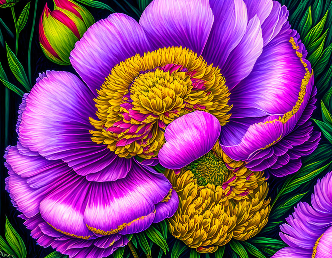 Detailed Purple and Yellow Peony Flowers on Dark Background