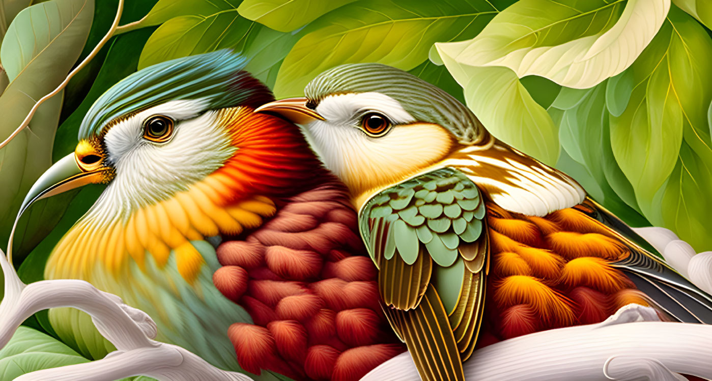 Colorful Birds Perched Among Green Leaves in Serene Moment