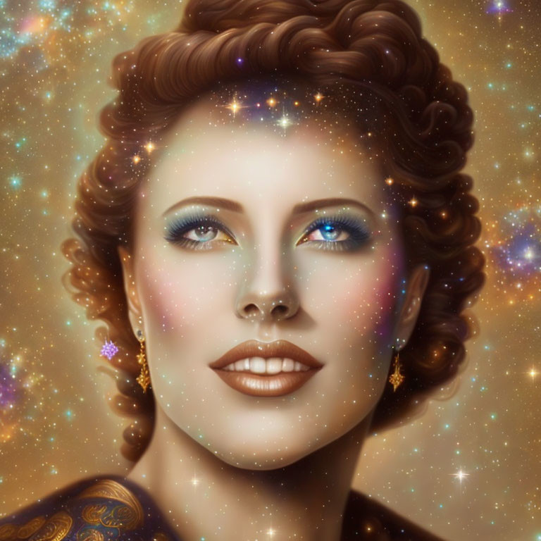 Digital portrait of woman with blue eyes and brown hair in cosmic setting.