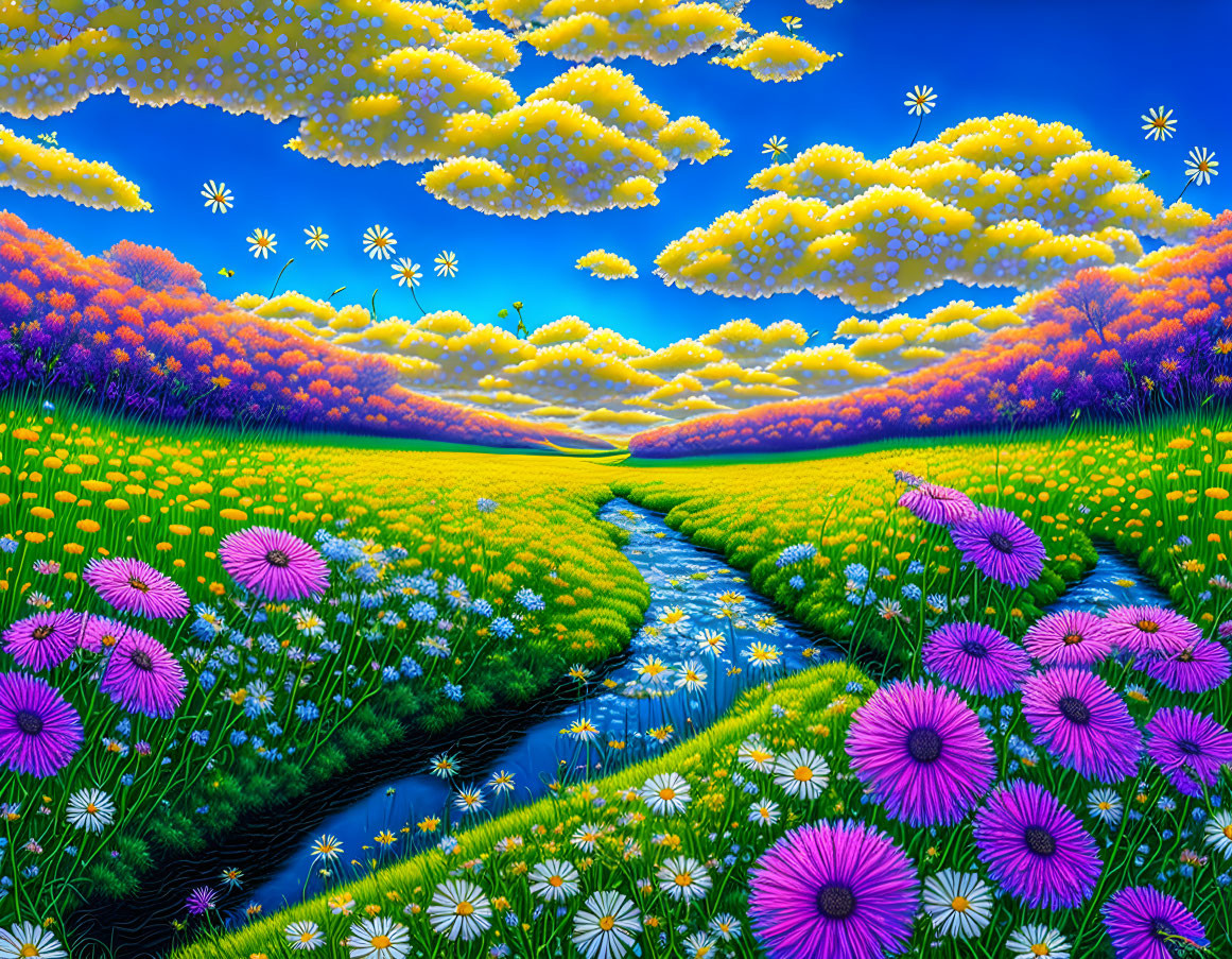 Colorful Landscape Digital Artwork: Stream, Fields of Flowers, Sunset, Clouds