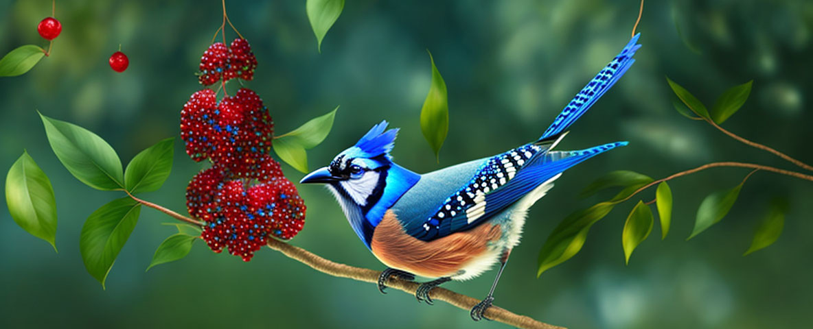 Blue jay on branch with green leaves and red berries in soft-focus background