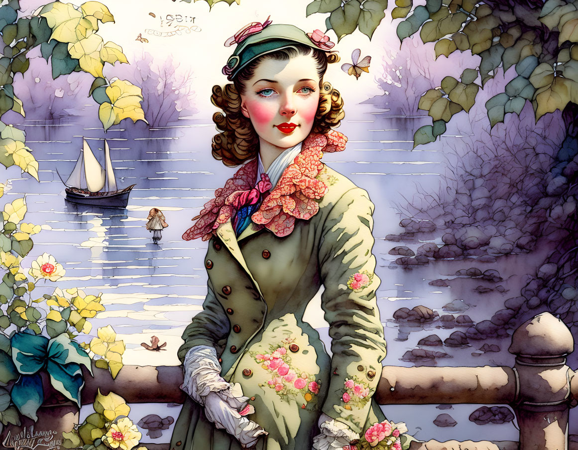 Vintage illustration of elegantly dressed woman by lake with sailboat.