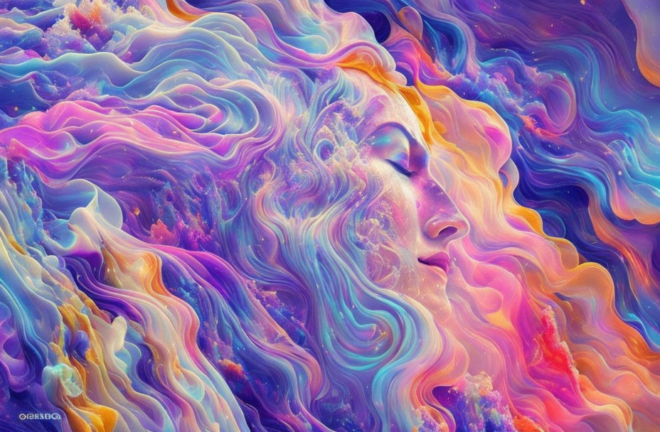 Colorful digital artwork: Woman's profile merges with cosmic patterns