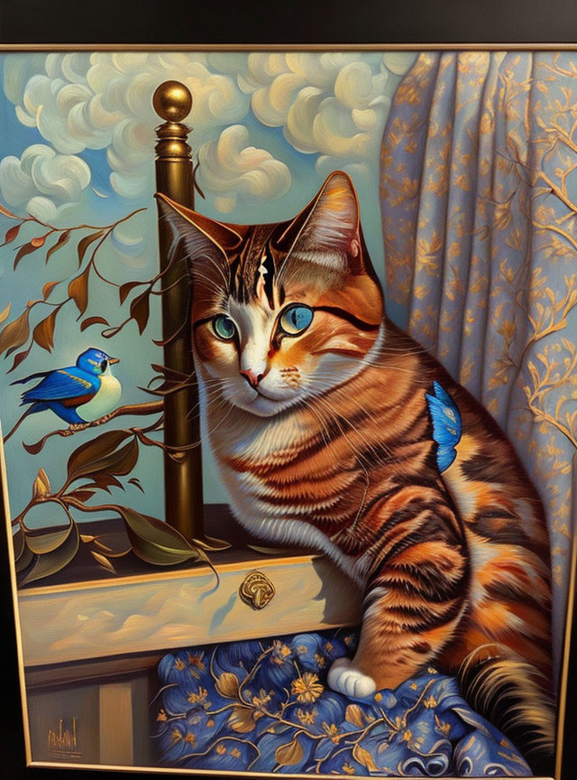 Stylized tabby cat painting with blue accents on patterned bed by window