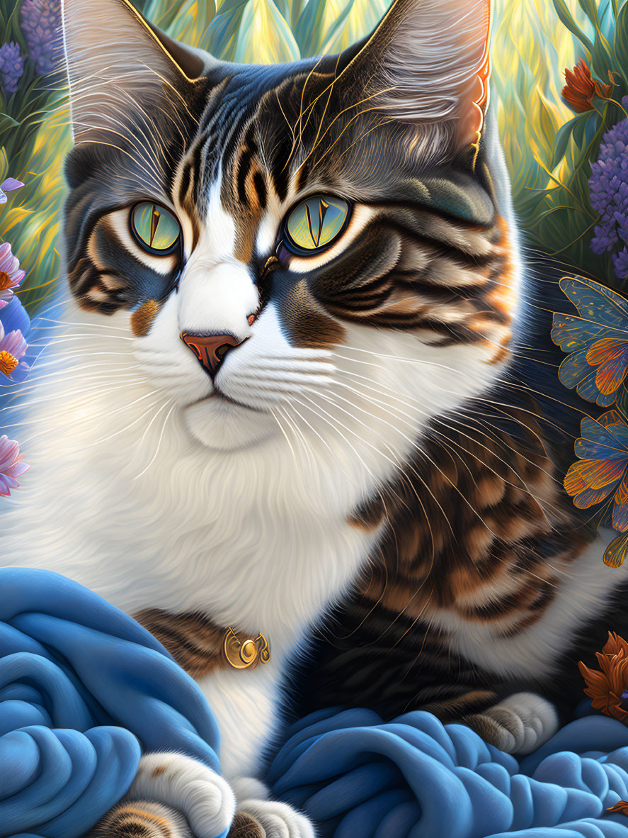 Illustrated tabby cat with vibrant eyes in floral setting