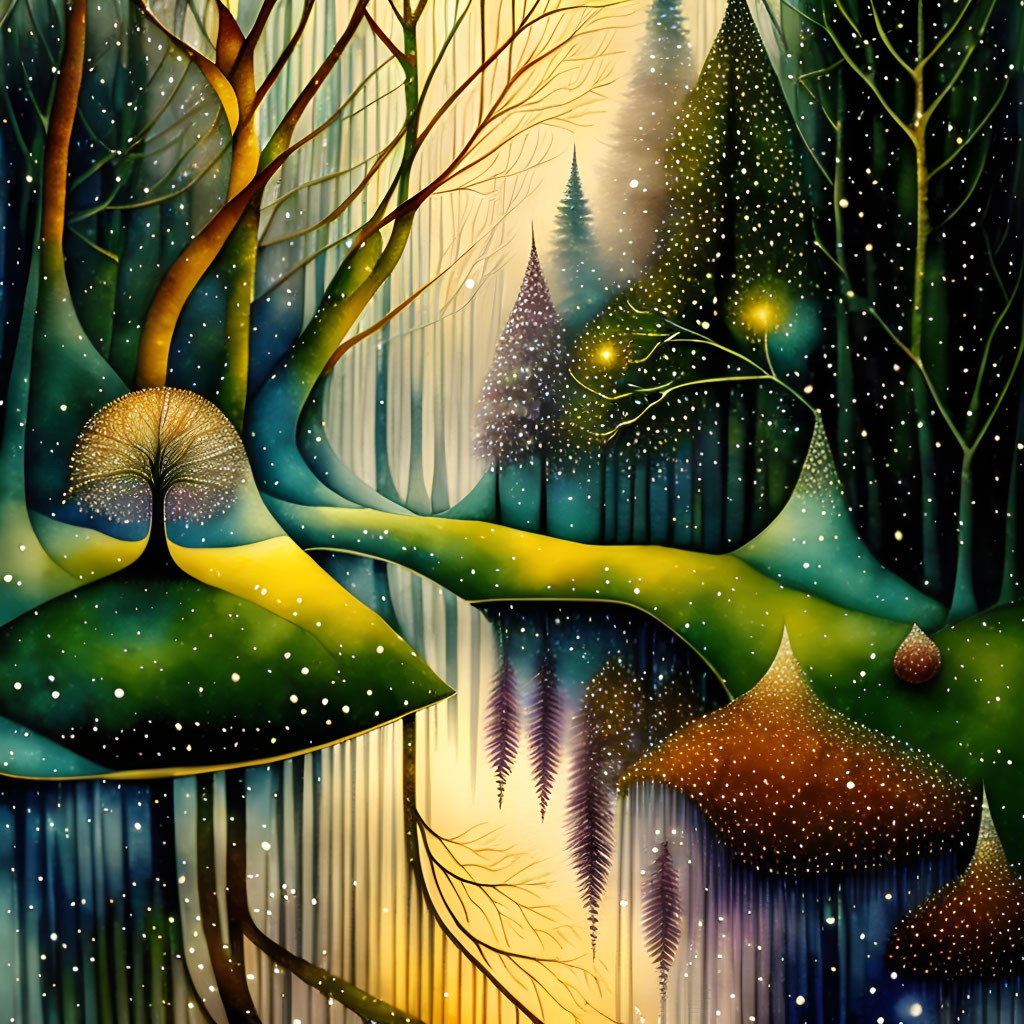 Whimsical forest with stylized trees and glowing orbs under a starry sky