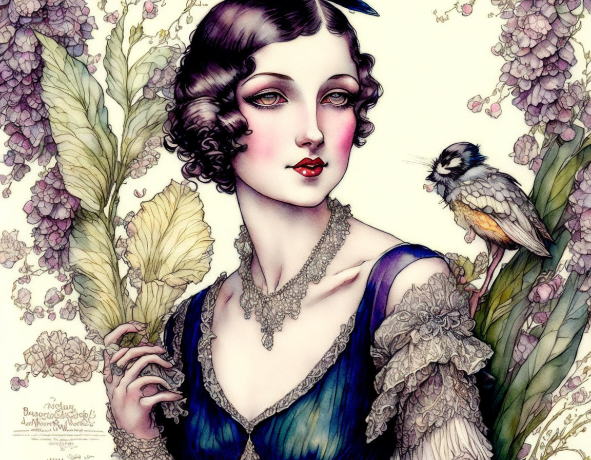 Vintage-style woman with bobbed hair in blue outfit among purple flowers and bird.