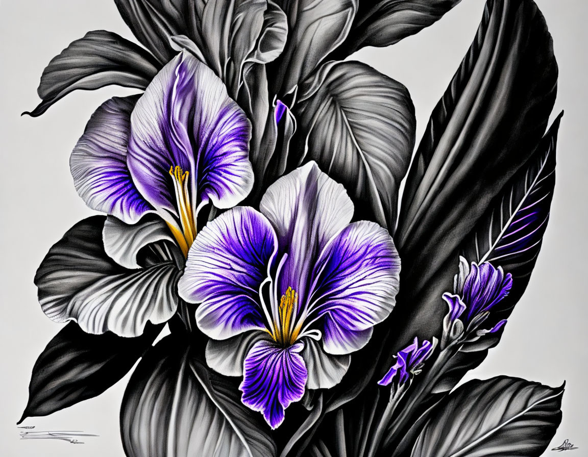 Monochrome flower drawing with large purple and white petals