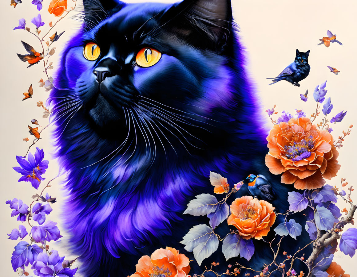 Colorful illustration: Majestic black and purple cat with yellow eyes, flowers, and bird.