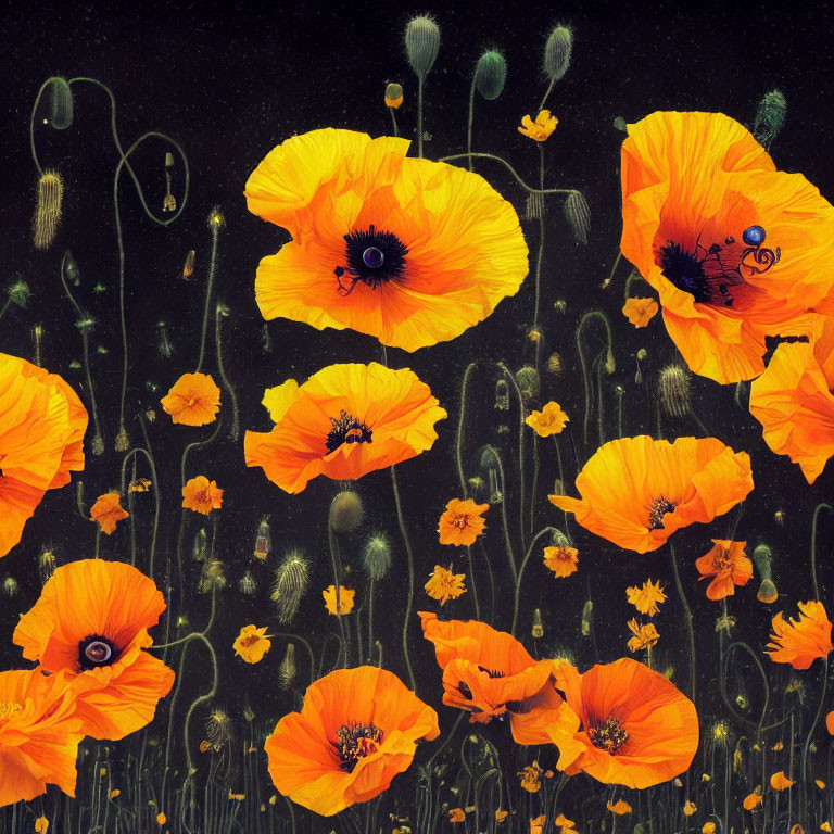 Vibrant orange poppies on dark background with yellow flowers