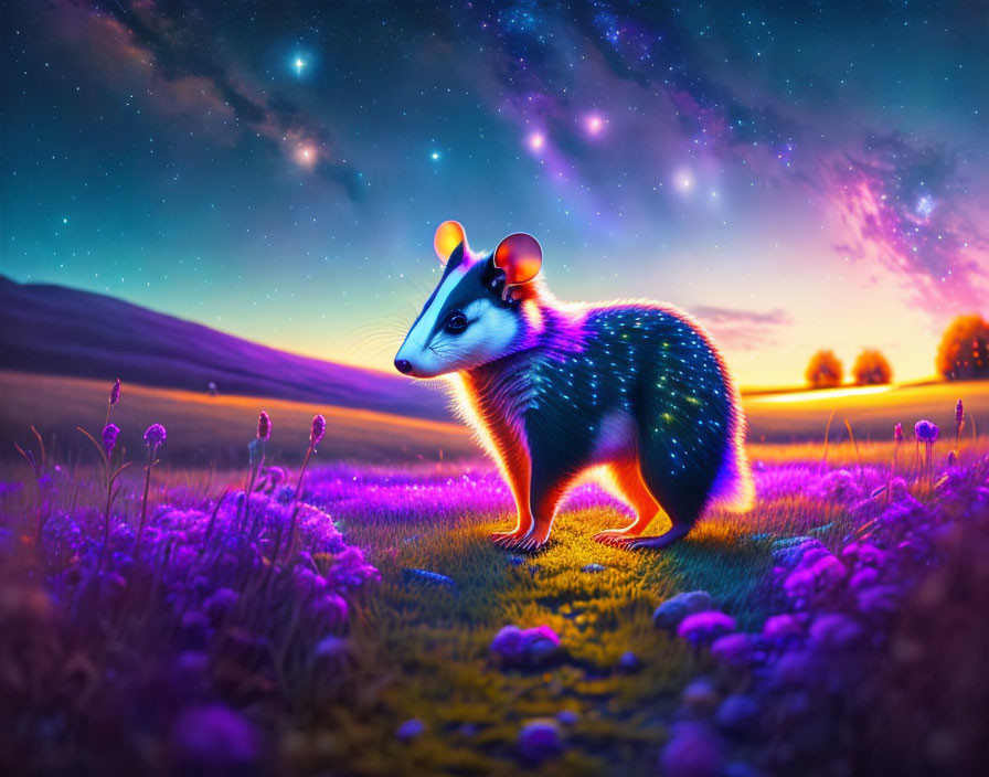 Vibrant illuminated opossum in mystical night field