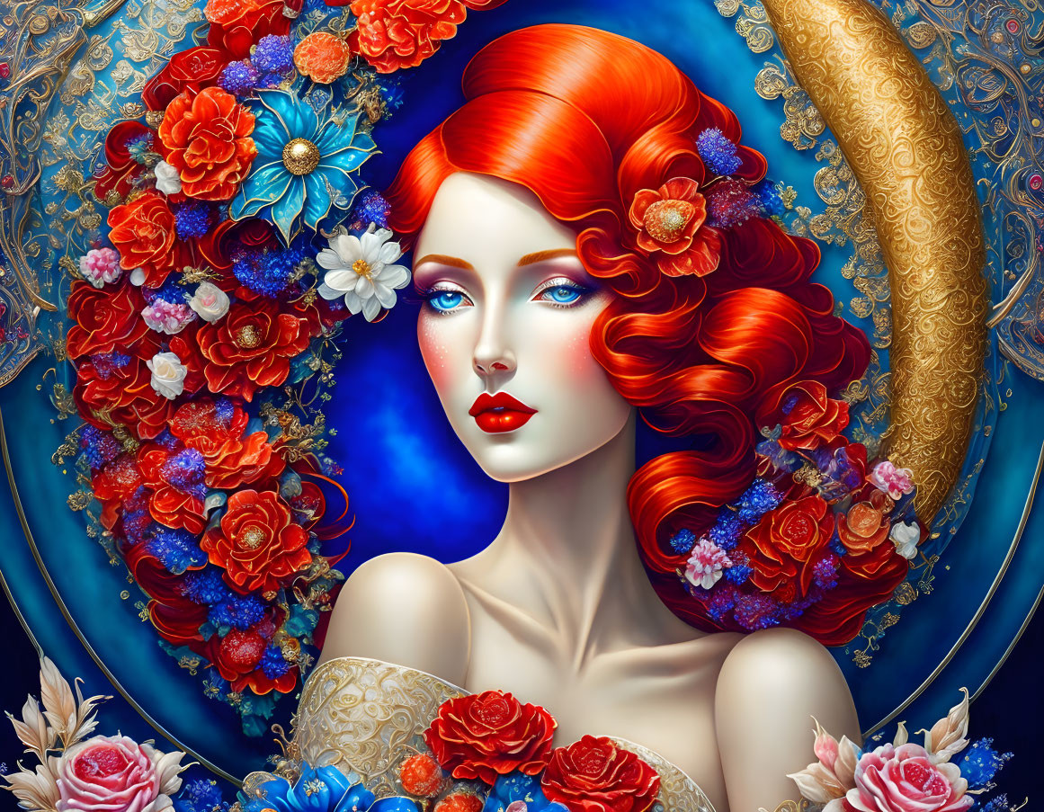 Vibrant red-haired woman with floral adornment on blue ornate backdrop