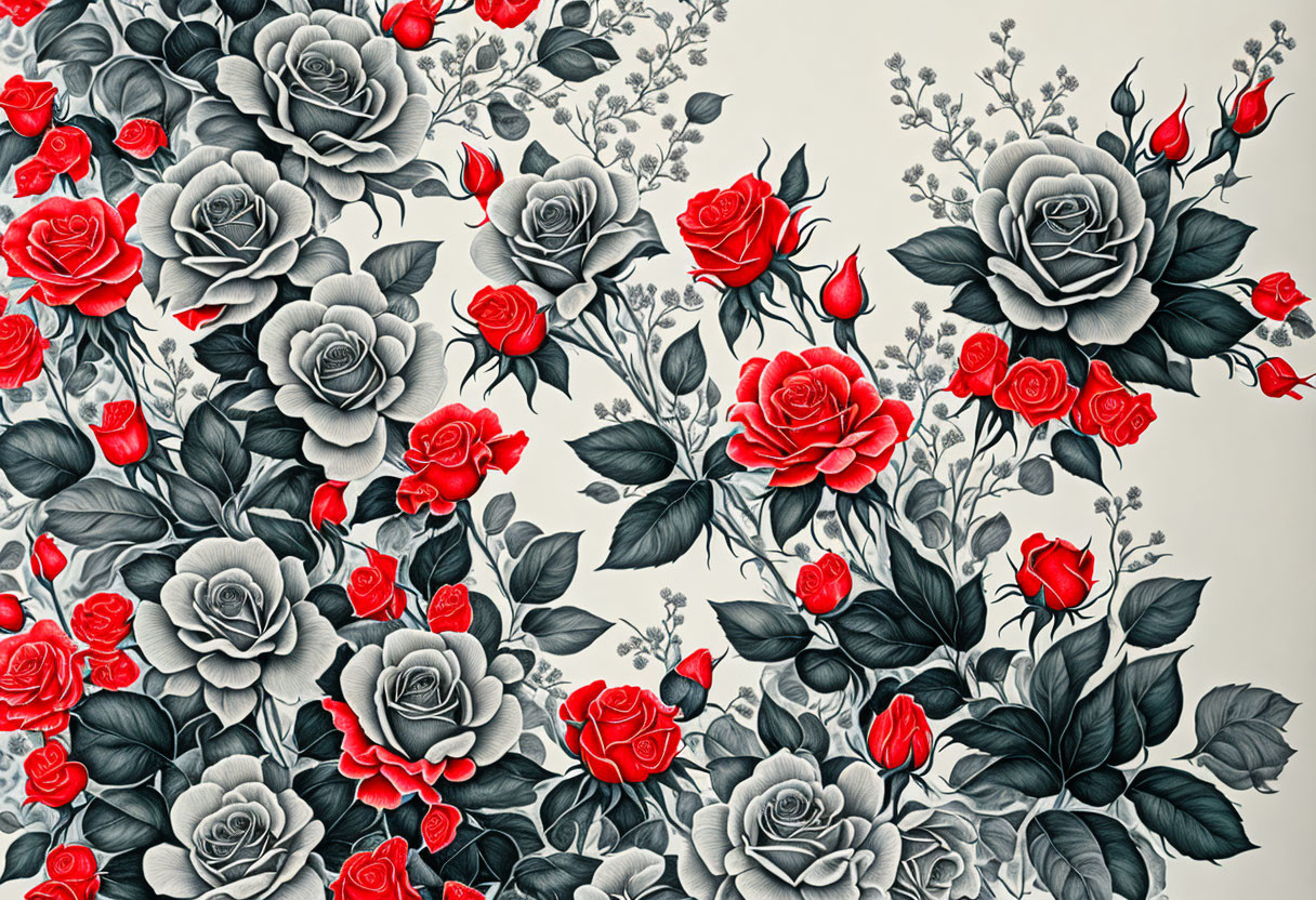 Red and Gray Roses Illustration on Pale Background