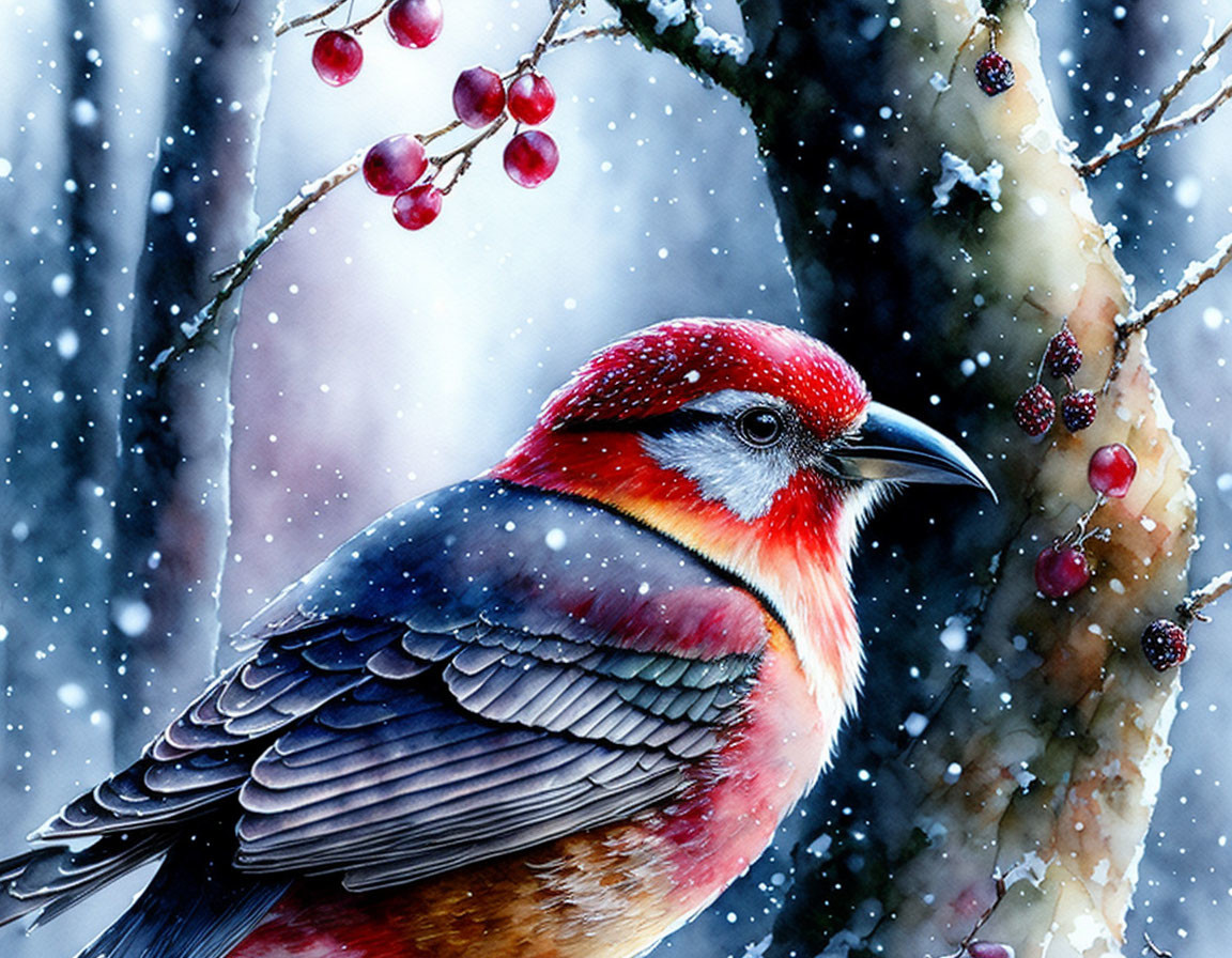 Detailed Plumage Red Bird Perched on Snowy Branch