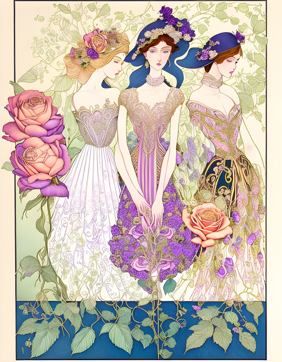 Stylized women in elegant gowns with floral patterns