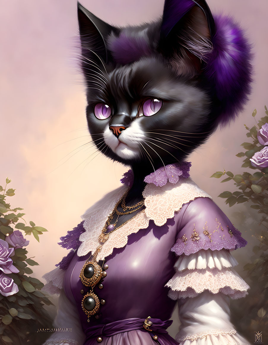 Anthropomorphic Cat in Purple Victorian Dress with Roses