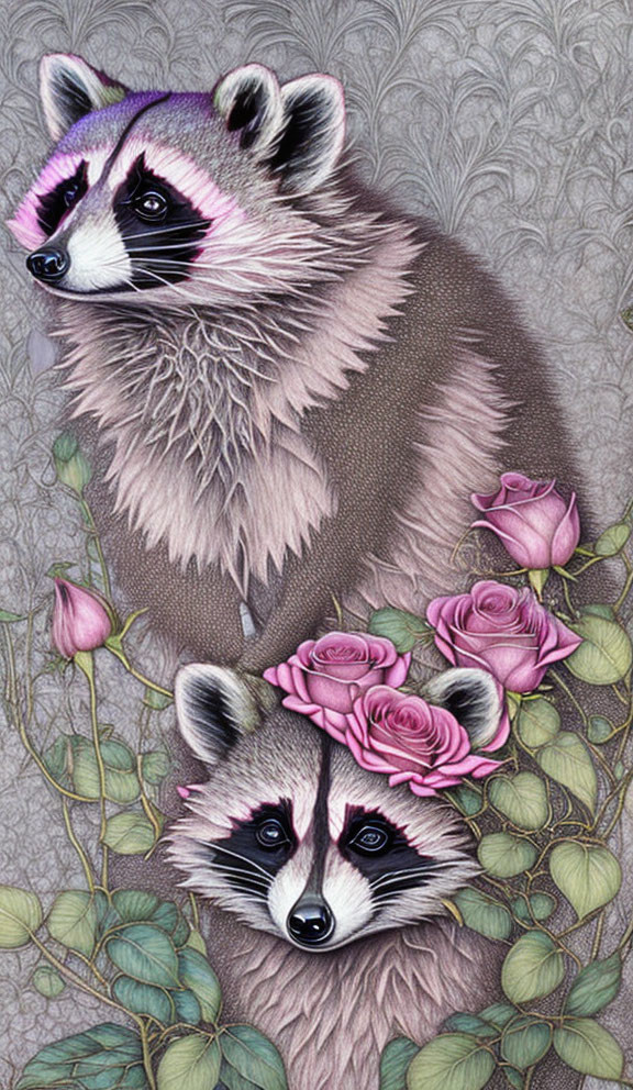 Illustrated Raccoons with Detailed Fur Patterns on Floral Background