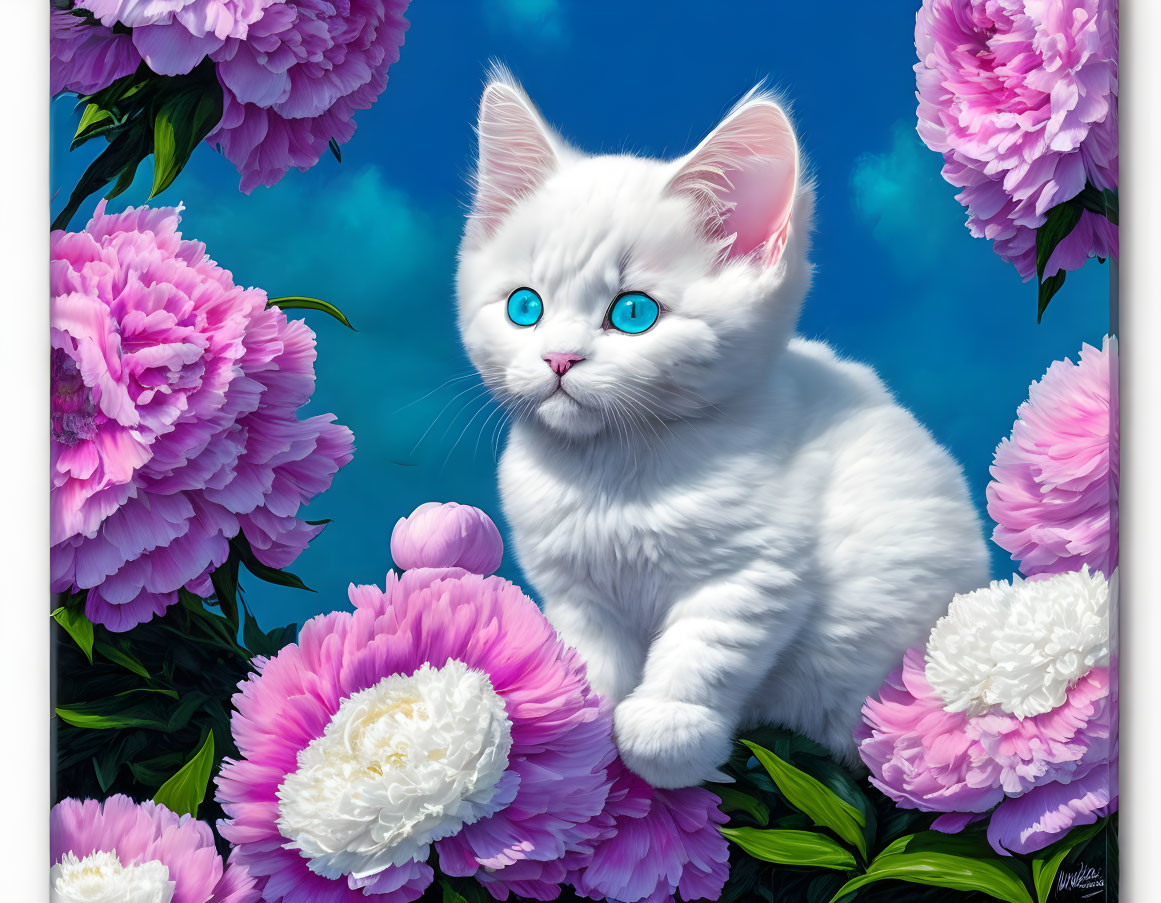 White Kitten with Blue Eyes in Pink Peonies Scene