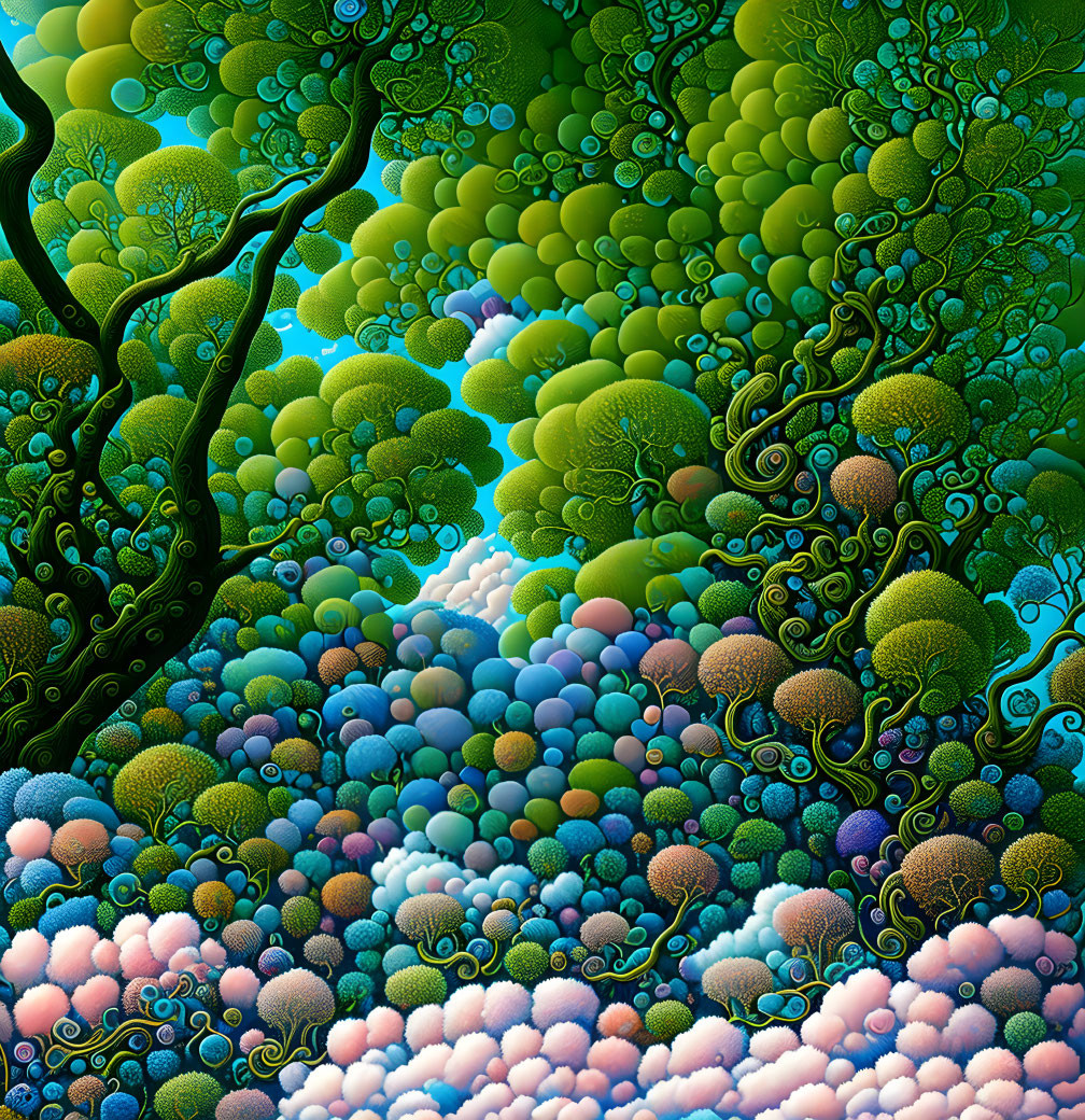 Colorful Fractal Art: Intricate Tree-Like Patterns in Green, Blue, and Pink