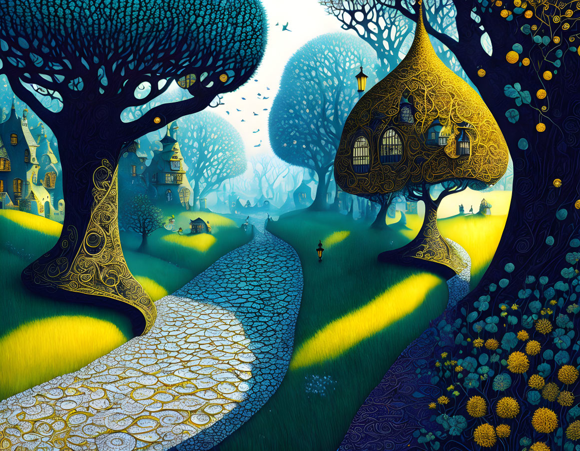 Whimsical landscape with tree-shaped houses and person in twilight