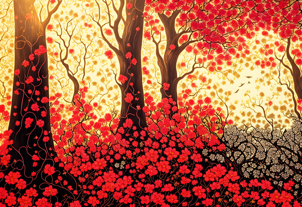 Vibrant red foliage trees in fantasy autumn scene