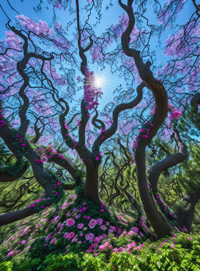 Twisted tree branches with vibrant pink blossoms under bright blue sky