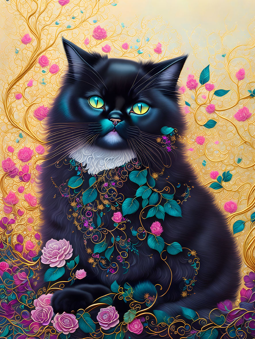 Stylized black cat with blue eyes in ornate golden floral design