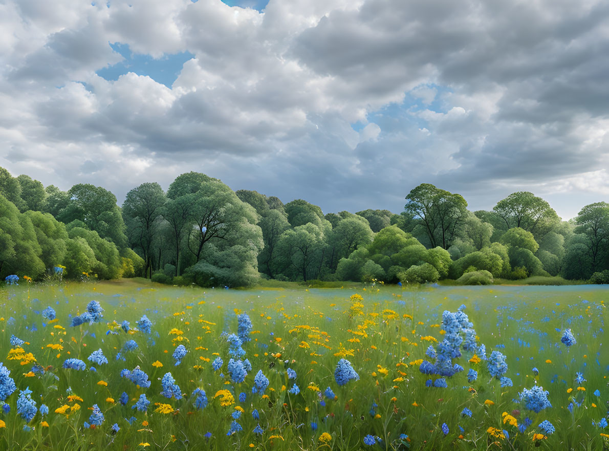 Vibrant wildflower meadow under partly cloudy sky