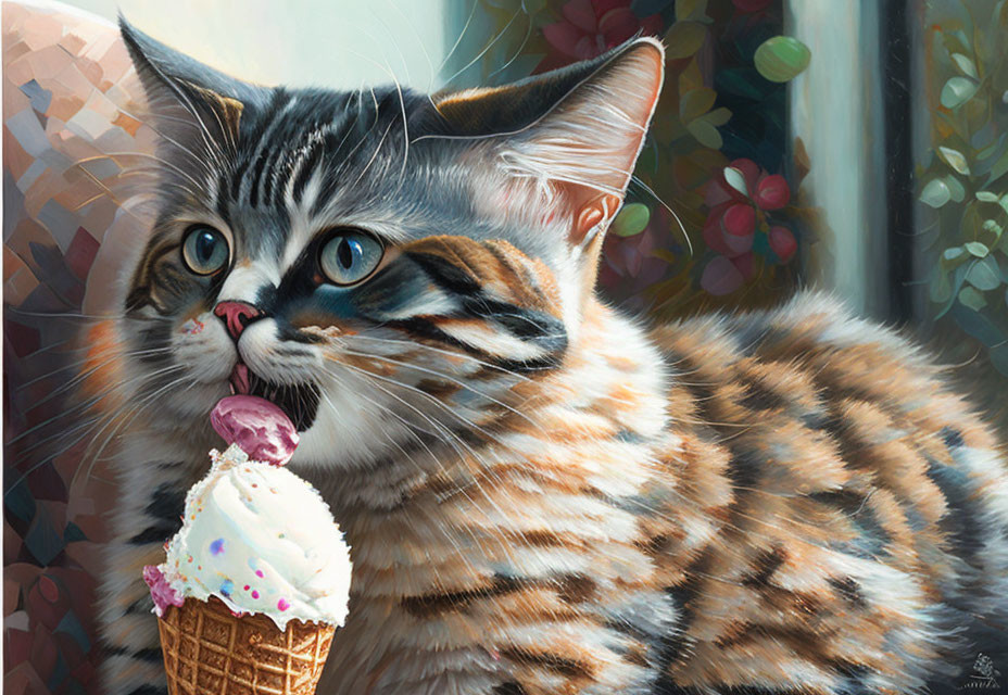 Tabby cat with blue eyes licking pink ice cream cone