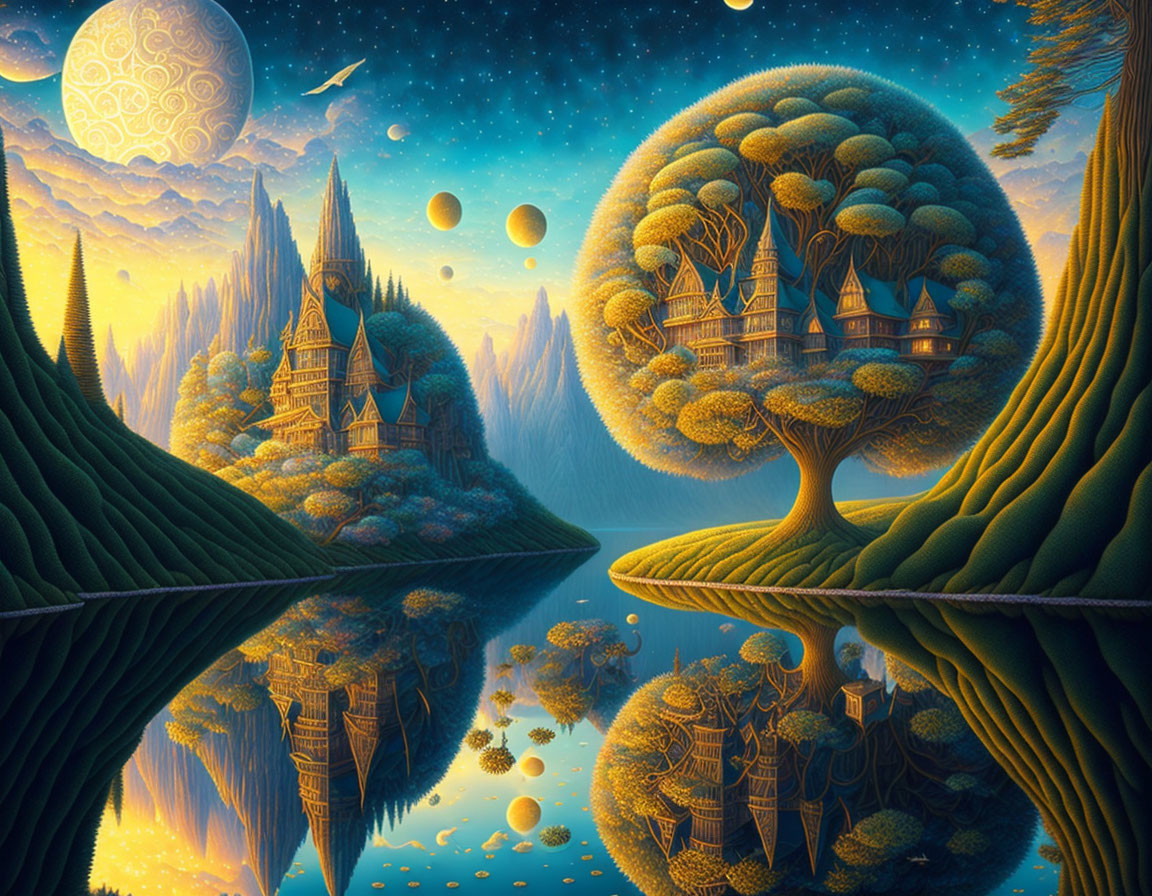 Fantastical landscape with tree-like houses and floating orbs under yellow moon