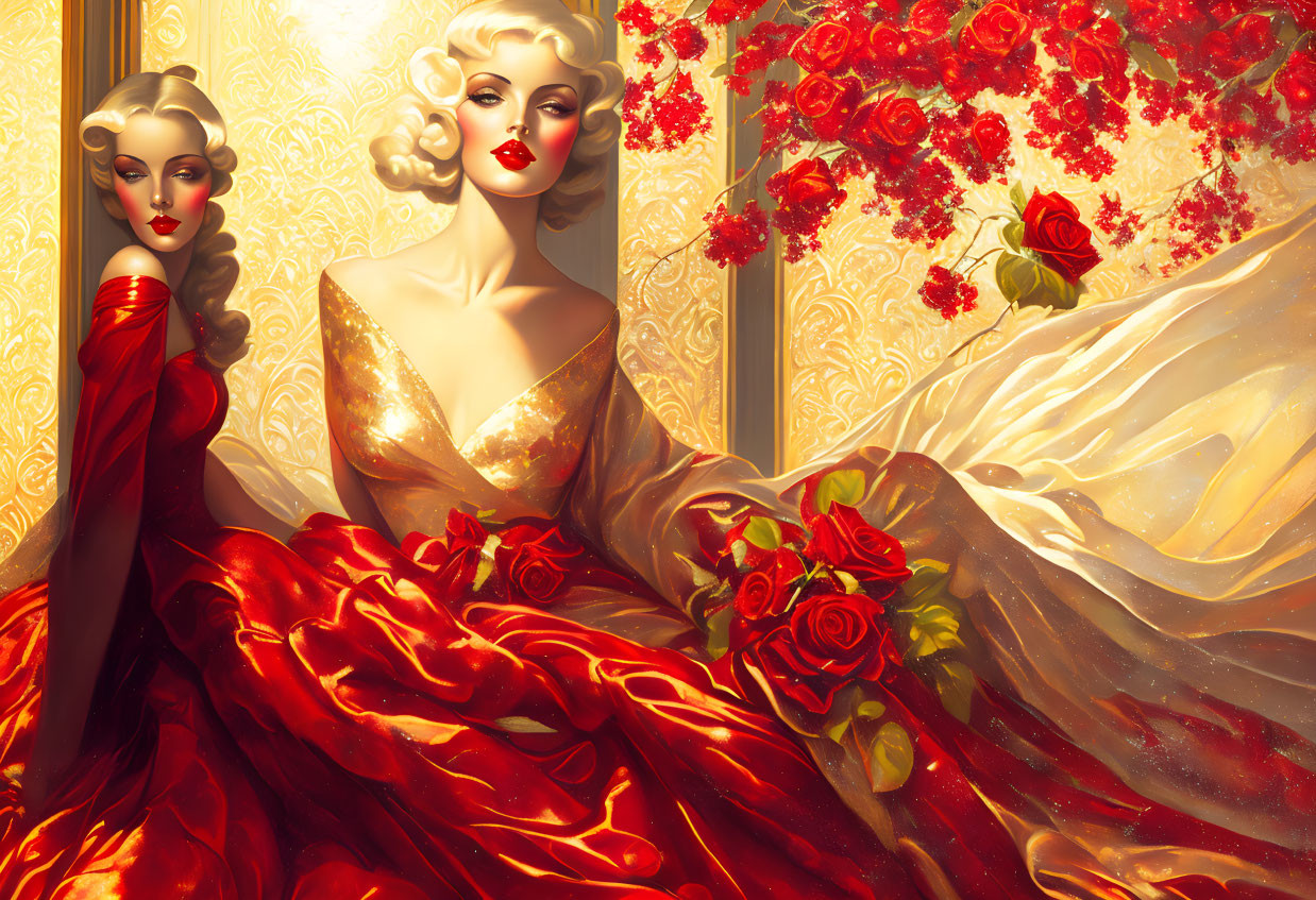 Two elegant women with golden hair in red dresses surrounded by roses in a warm, luxurious ambiance