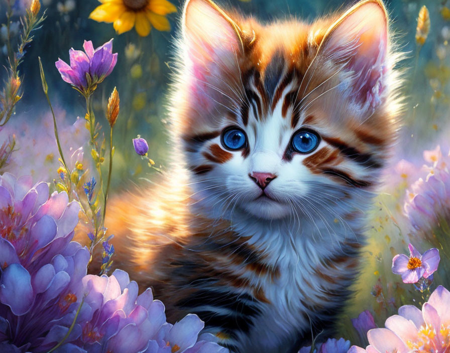 Adorable kitten with blue eyes in vibrant flower setting