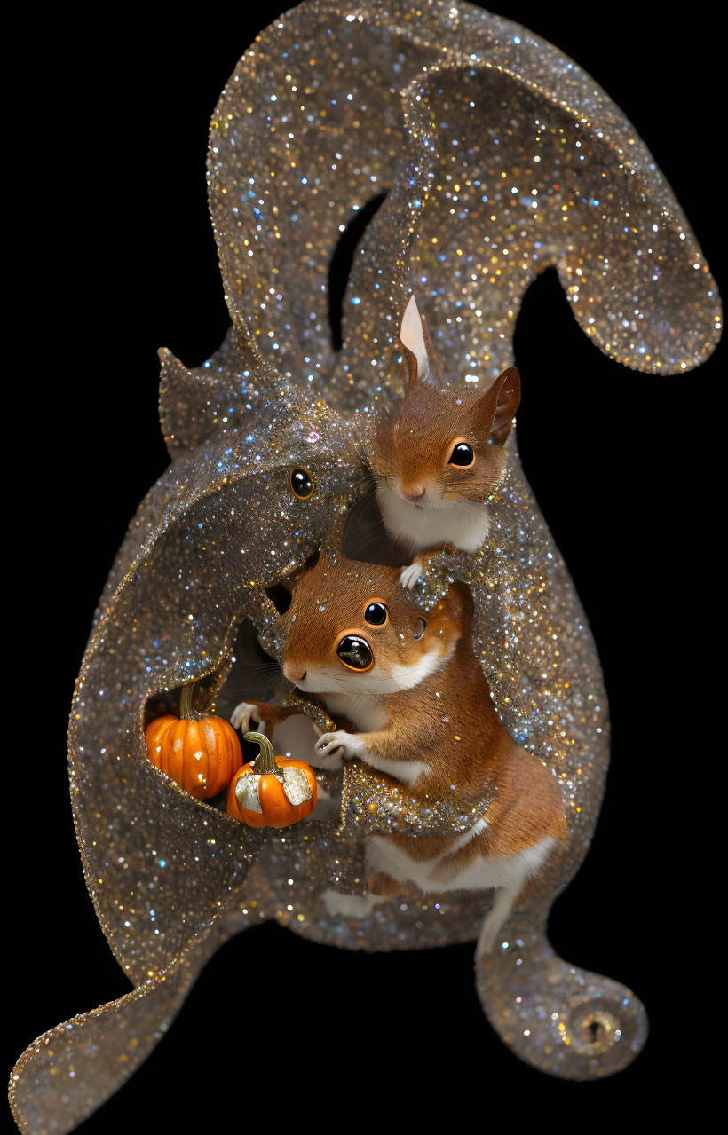 Glittery fur squirrels with pumpkins in silver leaf structure