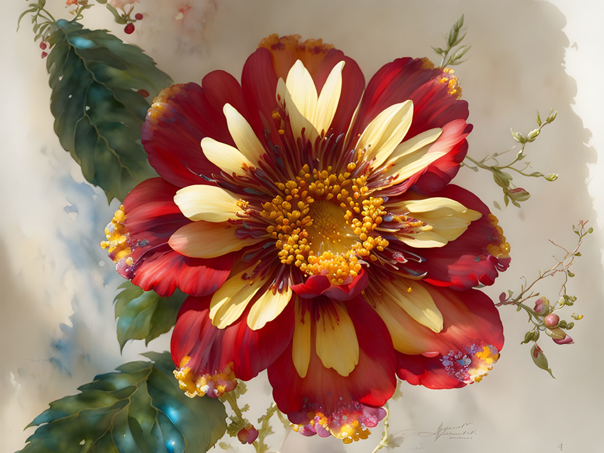 Detailed digital painting of vibrant flower against cloudy backdrop