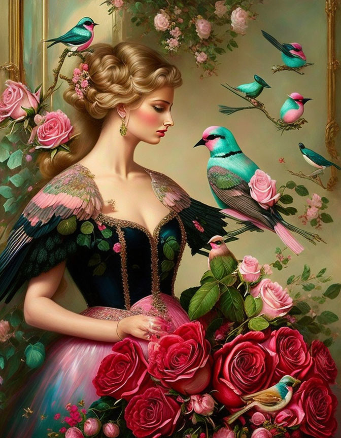 Woman with Bird-Like Features Surrounded by Roses and Colorful Birds in Serene Floral Setting