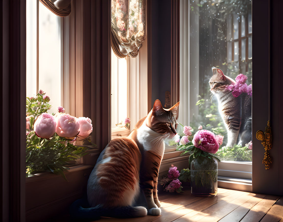 Indoor scene with two cats by window and pink peonies