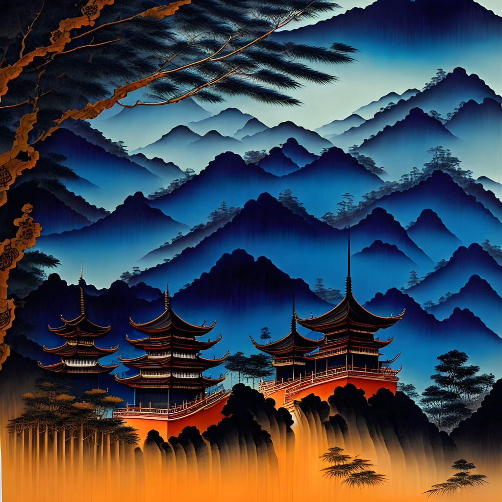 Asian Pagodas in Misty Blue Mountains with Pine Silhouette