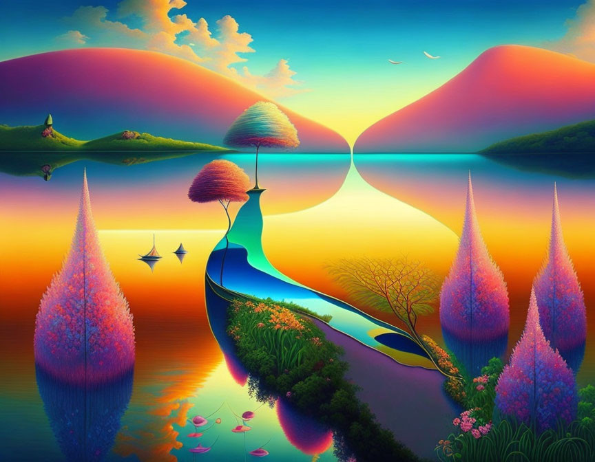 Colorful Surreal Landscape with Mirrored Hills and Winding River