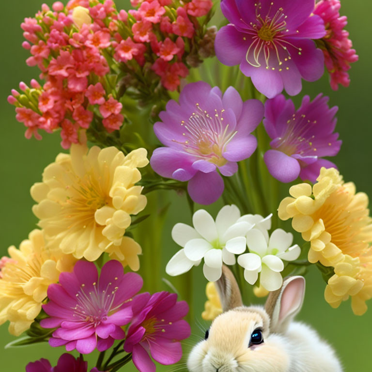 Adorable bunny with colorful flower bouquet on green backdrop