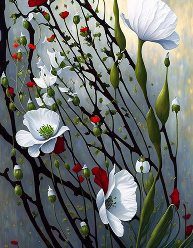 White Flowers Painting with Green Stems and Red Blossoms on Blue Sky Background