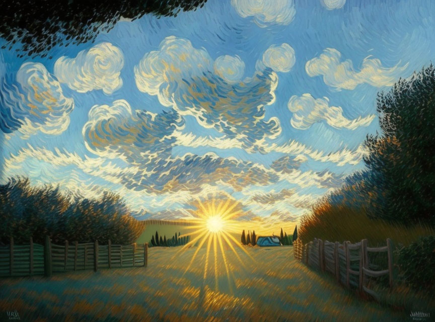 Vibrant sunset painting with swirling clouds over rural landscape