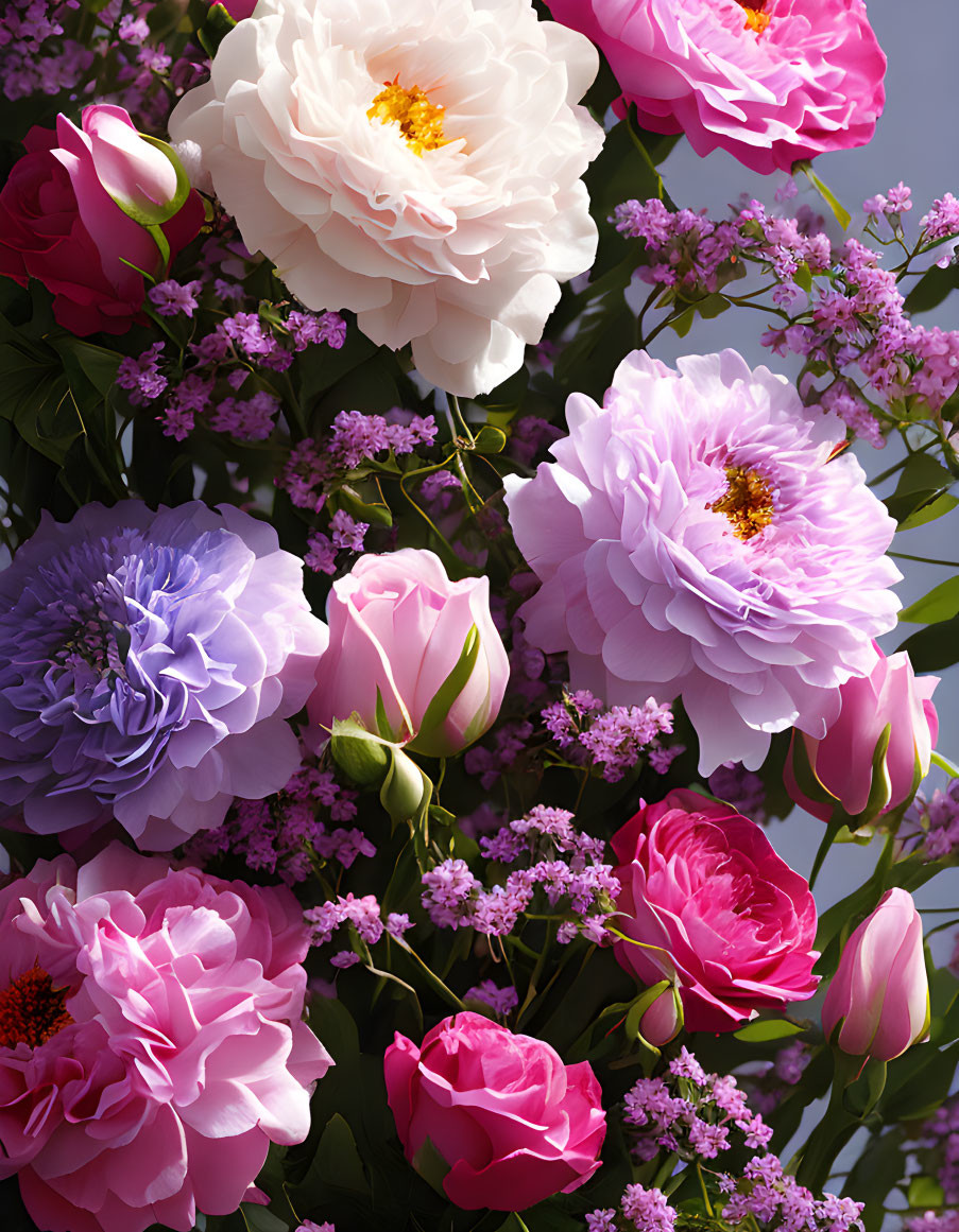 Colorful bouquet with pink, white, purple, and blue flowers on grey backdrop